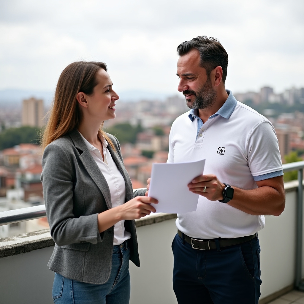Apartment owner reviewing terrace condition with a waterproofing specialist in a Santiago residential building
