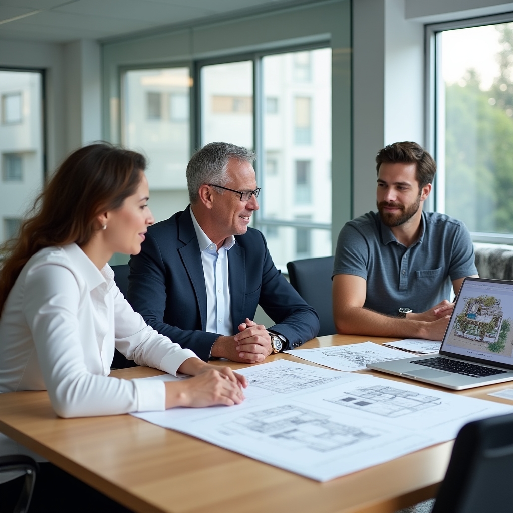 Building committee members reviewing waterproofing documentation and project plans in a meeting room