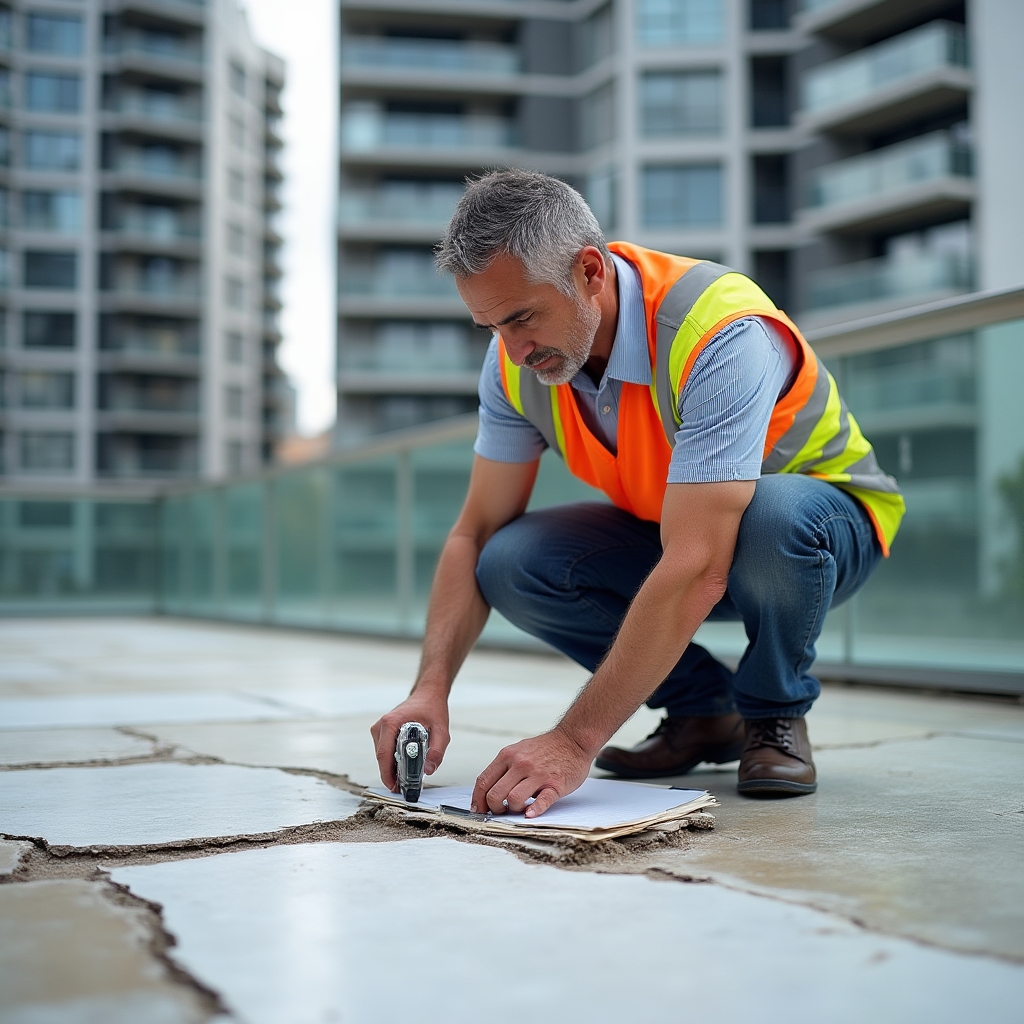 Technical specialist performing detailed inspection of terrace waterproofing condition in a residential building